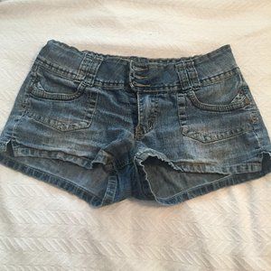 3 button blue distressed denim Jean Shorts